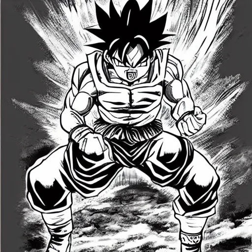 Image similar to highly detailed pen and ink black and white shonen jump son goku sitting on toilet seat powering up further beyond illustrated by constipated akira toriyama issue cover
