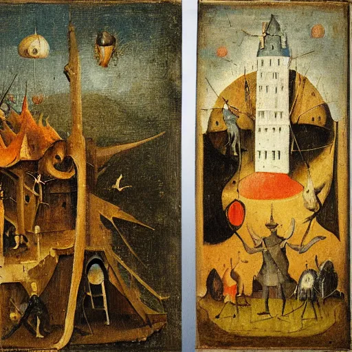 Image similar to Painting of man with his hands bound, his head covered in a rough sack made of jute, wearing a 3-piece suit, hanging upside down from a tower, while fiery imps dance and cavort below him, by Hieronymus Bosch.