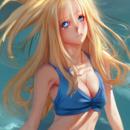 Image similar to a very beautiful young anime basketball girl crying, full body, long wavy blond hair, sky blue eyes, full round face, evil grin, bikini, miniskirt, front view, mid - shot, highly detailed, cinematic wallpaper by stanley artgerm lau