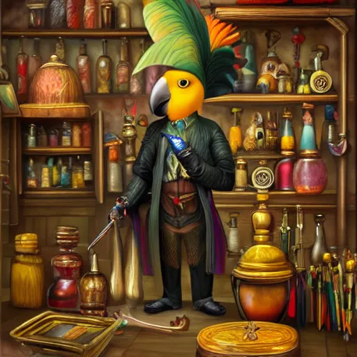 Image similar to Anthropomorphized parrot trader in his shop, portrait, items, weapons, magic potions, trinkets, carpet, lamps, window, fancy hat, sly expression, cunning expression, cute expression, long thick shiny black beak, D&D, fantasy, cinematic lighting, highly detailed, digital painting, artstation, concept art, smooth, sharp focus, illustration, warm light, cozy warm tint, magic the gathering artwork, volumetric lighting, 8k, art by Akihiko Yoshida, Greg Rutkowski