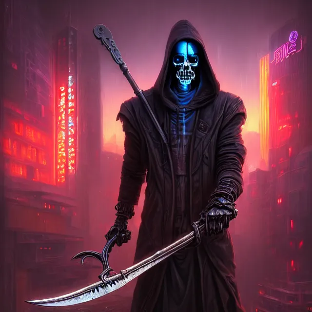 Prompt: Beautiful portrait 3d render of the cyberpunk grim reaper with a giant scythe, centered face, portrait, atmospheric lighting, painted, intricate, volumetric lighting, beautiful, rich deep colours masterpiece, sharp focus, ultra detailed, in the style of Dan Mumford and marc simonetti, with a crowded futuristic cyberpunk city in the background, astrophotgraphy