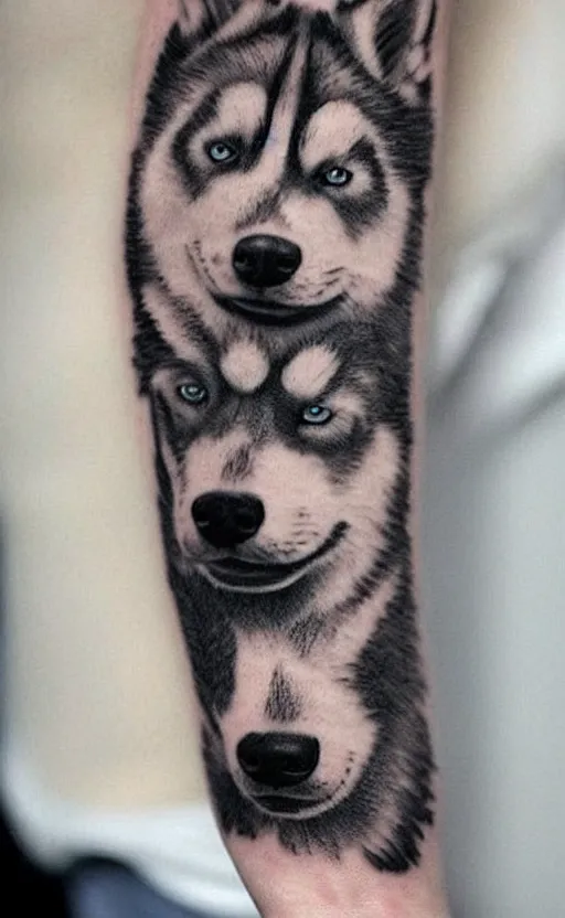 Image similar to a tattoo of a husky dog, detailed, tattoo,