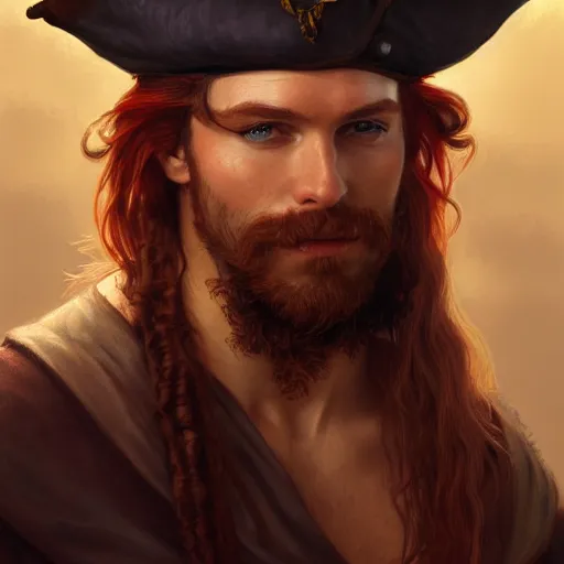 Image similar to portrait of a young pirate, male, rugged, masculine, handsome, upper body, red hair, long hair, D&D, fantasy, intricate, elegant, highly detailed, digital painting, artstation, concept art, cutscene, sharp focus, illustration, art by Artgerm and Greg Rutkowski and Alphonse Mucha