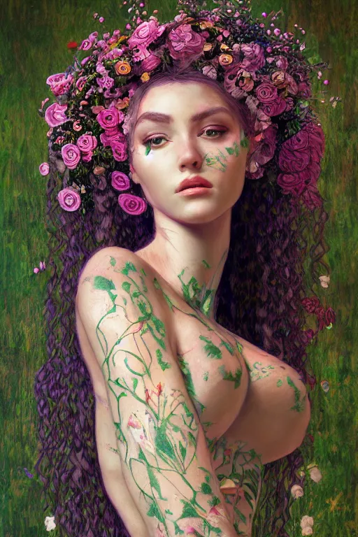 Prompt: portrait of beautiful young mainem, warhammer, cyber armor, a lot of more scars, more and more flowers, the middle ages, highly detailed, artstation, illustration, sylvari portrait, 8 k quality, art by gustav klimt