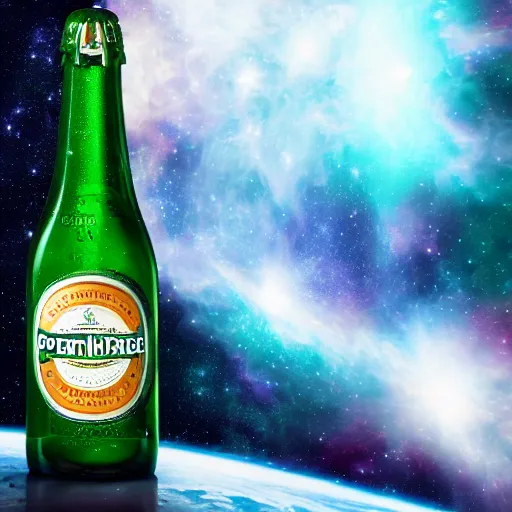 Image similar to a photo of a bottle of Perrier in space with nebula, we can see the space through the bottle, beautiful, hyper realistic, photorealistic, transparence, reflections, refraction, caustics, raytracing, 8K, trending on artstationHQ