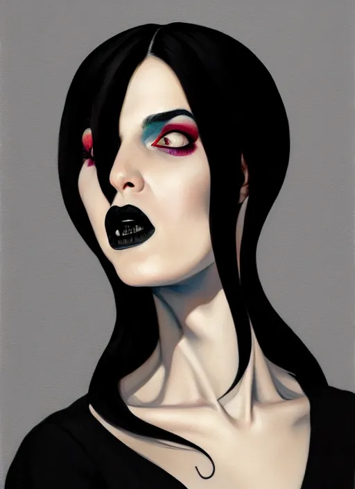 Image similar to portrait of a strange woman with a crooked nose and a confident expression, 1 9 6 0 s, black clothes, goth, punk, funk, intricate, elegant, highly detailed, digital painting, artstation, concept art, smooth, sharp focus, illustration, art by wlop, mars ravelo and greg rutkowski