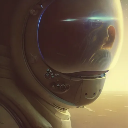 Image similar to a concept art portrait of an astronaut on a depth of field background, artstation, award - winning realistic sci - fi concept art by jim burns and greg rutkowski, beksinski, a realism masterpiece, muted color palette, james gilleard, bruegel, alphonse mucha, and yoshitaka amano