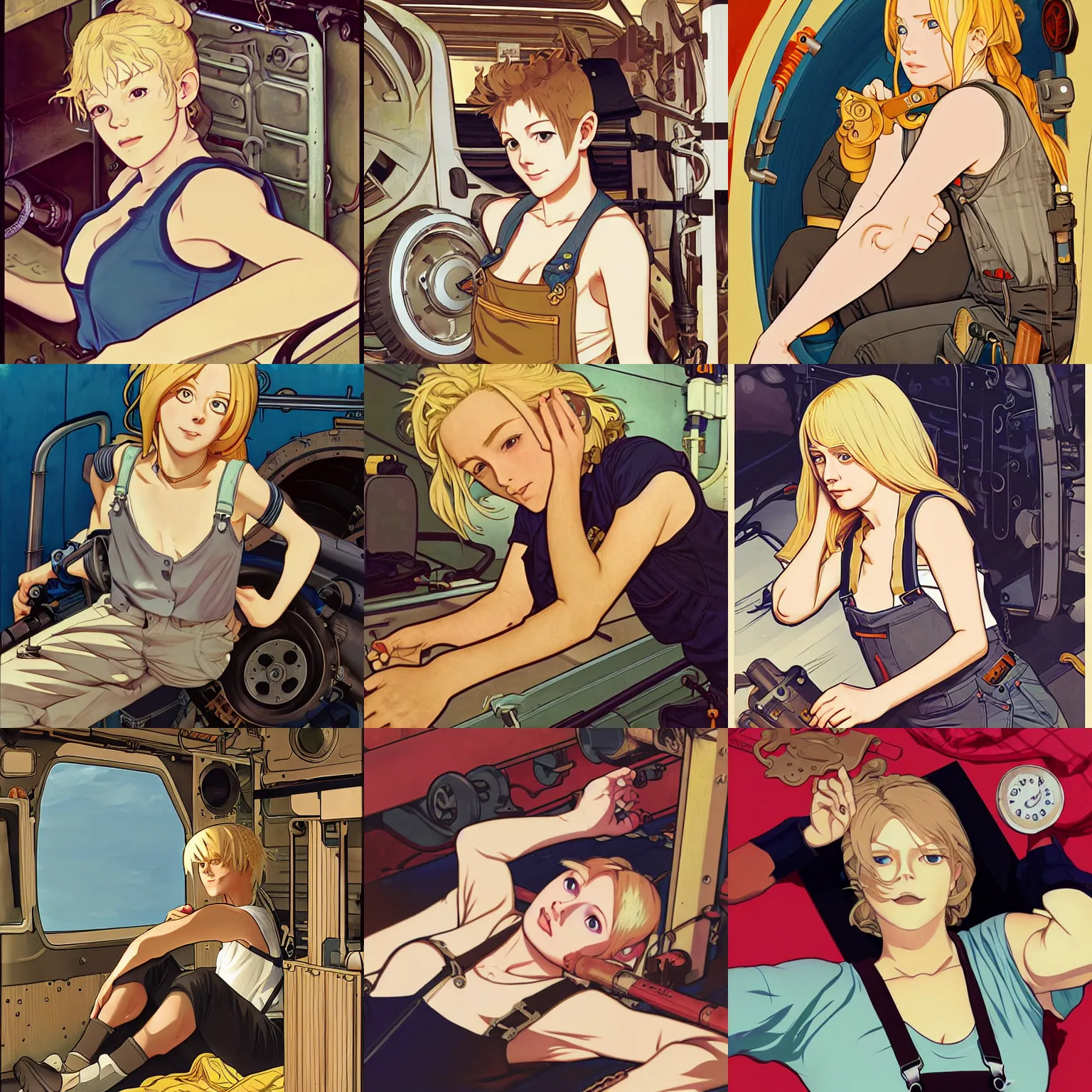 Prompt: portrait of a mechanic lying in her cramped bunk, blonde, tank top, overalls, steampunk, richly defined face, highly detailed, cel shading, digital painting, anime key visual, artwork by ilya kuvshinov and hayao miyazaki and alphonse mucha