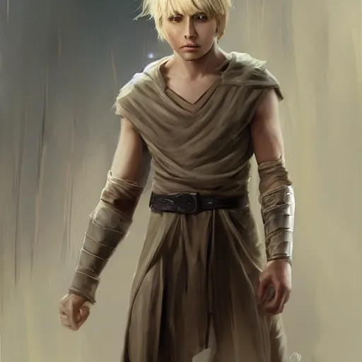 Image similar to a young blonde male jedi with short hair looking away at a threat full body shot concept art by Doug Chiang cinematic concept art, realistic painting, high definition, digital art, matte painting, symmetrical, very detailed, realistic, dramatic lighting, cinematic, establishing shot, extremely high detail, photo realistic, cinematic lighting, post processed, concept art, artstation, matte painting, red color scheme