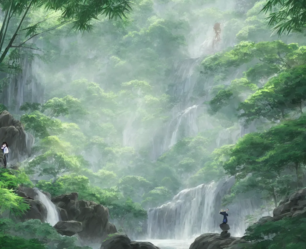 Prompt: two figures grappling in a misty japanese bamboo forest, cell shaded, huge waterfall, large rocky mountain, drawing, stylized anime, sun rays, soft, by hayao miyazaki, ghibli studio, makoto shinkai, toei animation, studio trigger, trending on artstation, 4 k, hd