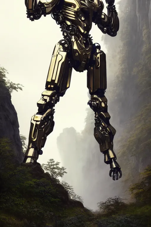 Image similar to detailed intricate digital illustration by greg rutkowski and artgerm and wlop and sanford robinson gifford ; sleek, chrome mech suit, standing with glimmering foggy waterfall in the background ; 1 3 mm film, arri alfa anamorphic lens ; sharp focus, golden hour lighting, mist ; trending on artstation 4 k ; close view