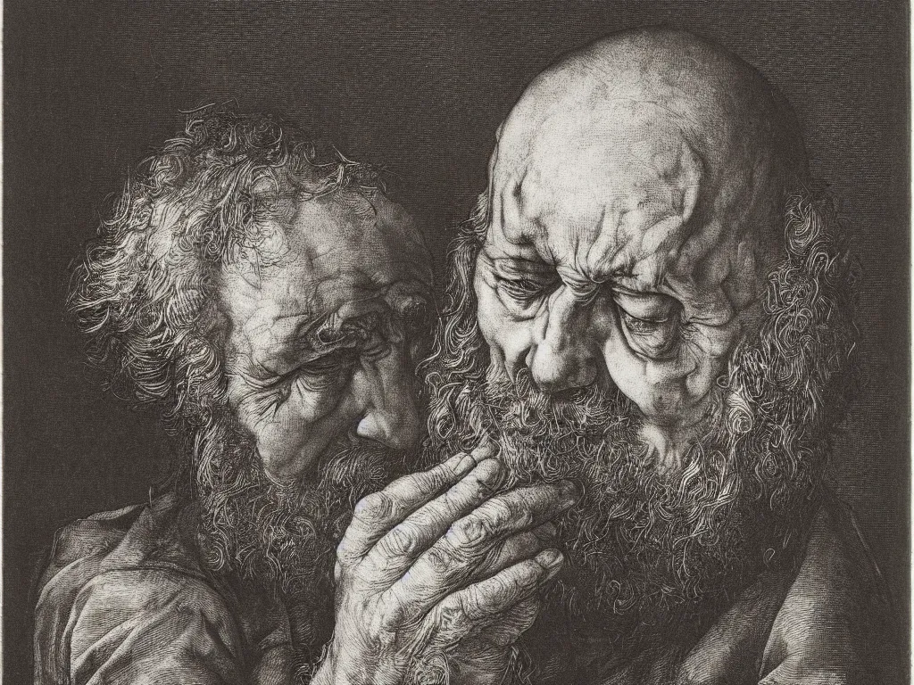 Image similar to profile portrait of the head of an old man eating bread. copper engraving by albrecht durer, august sander
