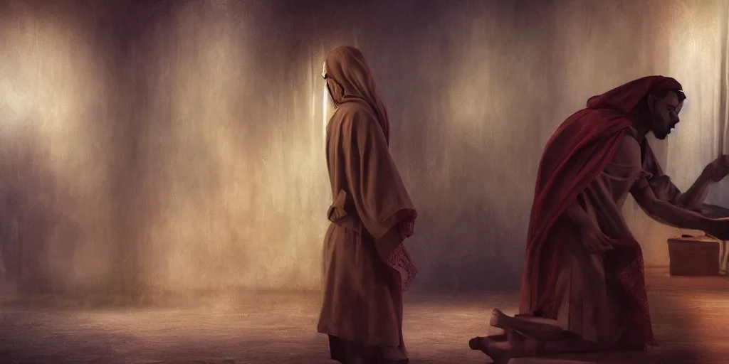 Image similar to full - length pose, super realistic art god gives scripture to his prophet, deep shadows, deep color, muted gamut, slightly dark colors, cinematic lighting, digital art, 8 k resolution, sharp focus