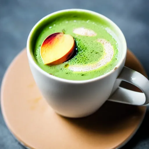 Image similar to peach matcha latte being served by a cute lizard, high quality food photography