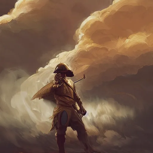 Image similar to man with sword and shield, wavy, gouache, abstract, smoke plume, digital illustration, clouds, helmet, sepia tone, golden hour, windy, shaded face, concept art, big brush