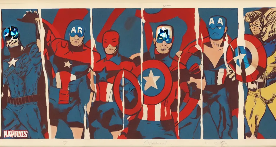 Image similar to A three color offset photography of the Avengers, exhibition, 60s style