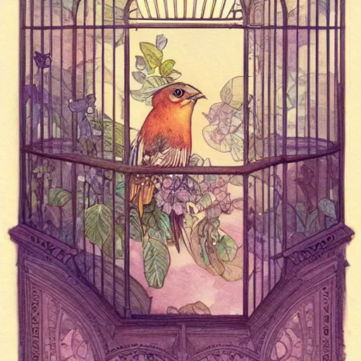 Prompt: a beautiful intricate watercolor illustration of a beautifull bird in a cage in the window, 4 k, ultra - wide angle, by william turner, by victo ngai, by alphonse mucha, by miho hirano, hd, trending on artstation, hyper detailed, muted colors