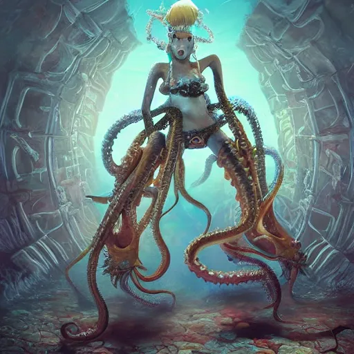 Prompt: fantasy female Squid is a drummer with 8 tentacles playing a big rock&roll drum set in the spotlight dystopian underwater concert, by Philipp A. Urlich and Pengzhen Zhang an Andreas Rocha, fantasy, intricate, elegant, highly detailed, digital painting, artstation, blender, unreal engine 5, octane render, smooth, sharp focus, illustration