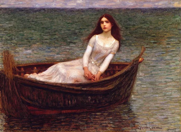 Image similar to lady of shallot in a boat by john william waterhouse, rosetti, monet, william holman hunt, 8 k