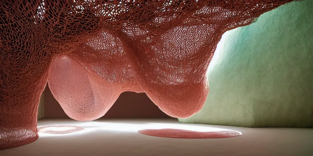 Image similar to biomorphic structures out of stocking - like material and nets that fills with various objects like spices, sand and rocks by ernesto neto, dusty pink with light - mint color, film still from the movie directed by denis villeneuve with art direction by zdzisław beksinski, telephoto lens, shallow depth of field