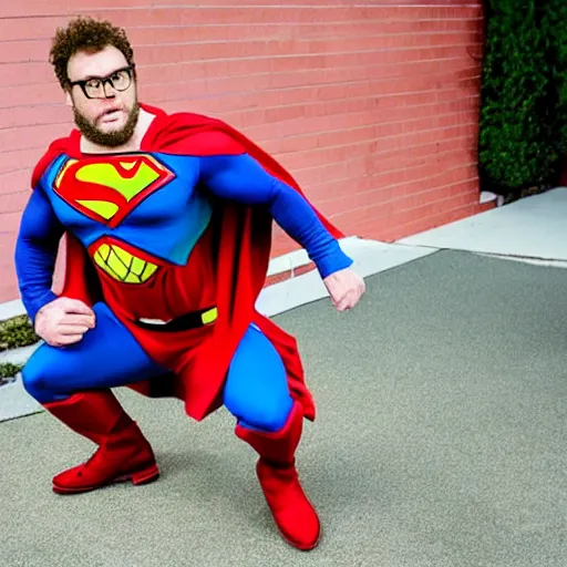 Prompt: Seth Rogan dresses as Superman, doing a squat