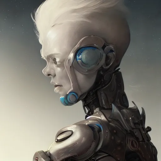 Image similar to portrait rough female cyborg, short white punk hair, wearing futuristic military body armor, art by pete mohrbacher and seb mckinnon and beksinski and josan gonzales, digital art, highly detailed, intricate, sci-fi, sharp focus, Trending on Artstation HQ, deviantart, unreal engine 5, 4K UHD image