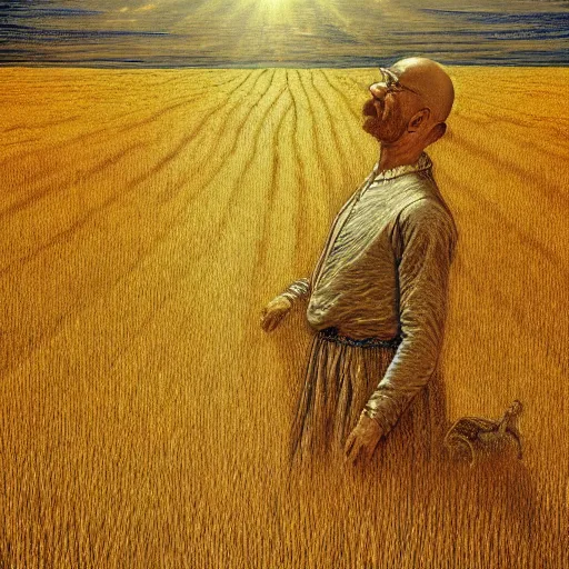 Image similar to walter white as god decending upon a golden field of wheat, trending on artstation, gustave dore, renaissance art, hyper detail, bloom, painting