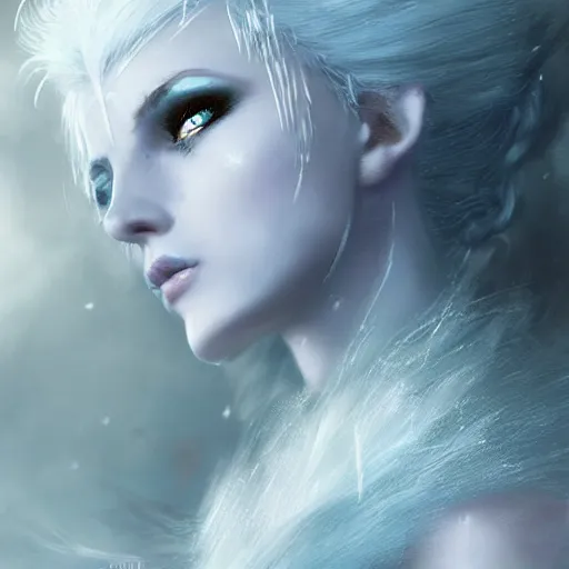 Prompt: kerli koiv as a ice queen frozen eylashes, darkwave, darksynth, concept headshot art, sharp, digital matte painting, art by luis royo, greg rutkowski, wlop, dramatic lighting, trending on artstation