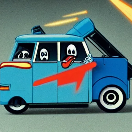 Prompt: anthropomorphic cars and trucks engage in laser gun battles, 8 0 s cartoon