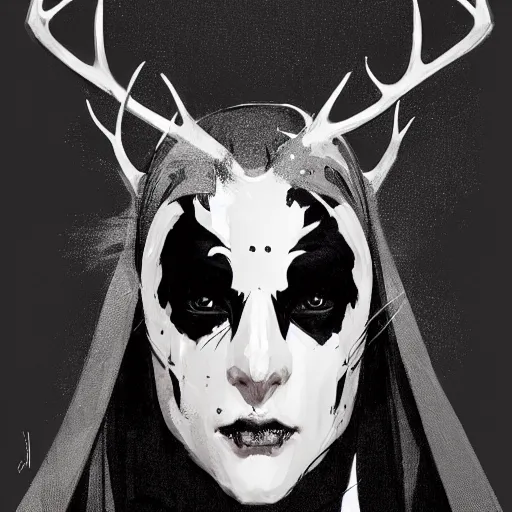 Image similar to portrait of a character wearing a black cloak, with a white mask in the shape of a deer skull, the mask covers her entire face, there are no antlers, dramatic lighting, illustration by Greg rutkowski, yoji shinkawa, 4k, digital art, concept art, trending on artstation