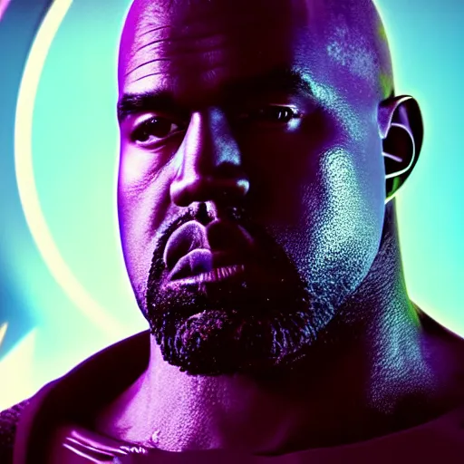 Prompt: Portrait of Kanye West as Thanos, glowing eyes, splash art, movie still, cinematic lighting, dramatic, octane render, long lens, shallow depth of field, bokeh, anamorphic lens flare, 8k, hyper detailed, 35mm film grain