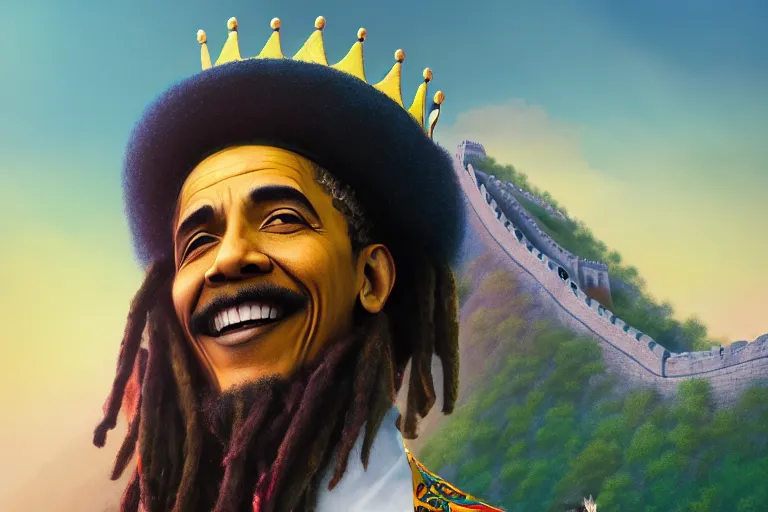 Image similar to rasta obama, on great wall of china, close up, wearing crown of bright feathers, long white moustache, artstation, fantasy, intricate, beautiful, cinematic, octane render, arnold render, 8k, hyperrealism, detailed, sharp focus, 4k uhd, masterpiece, award winning, painting by Ivan Aivazovsky and Greg Rutkowski