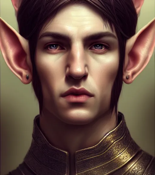 Image similar to portrait of a male elf in heightened detail, poised, intense emotion, detailed facial expression, 8 k, hyperrealistic, detailed surroundings, intricate, elegant, highly detailed, centered, digital painting, cgsociety, concept art, smooth, sharp focus, illustration, by ( ross tran ), wlop