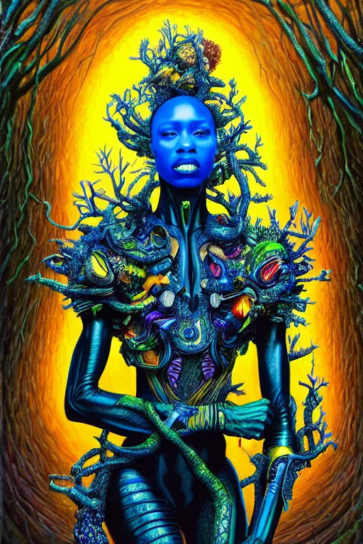 Image similar to hyperrealistic maximalist super expressive! black woman with exoskeleton armor, merging with tree in a forest, highly detailed concept art masterpiece smooth cam de leon hannah yata dramatic pearlescent blue yellow light ground angle hd 8k sharp focus