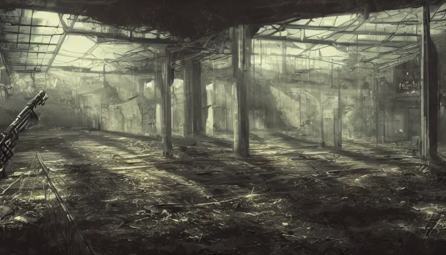 Image similar to fps view with rifle of an abandoned warehouse with cobwebs, light through broken windows, hyperdetailed, artstation, cgsociety, 8 k