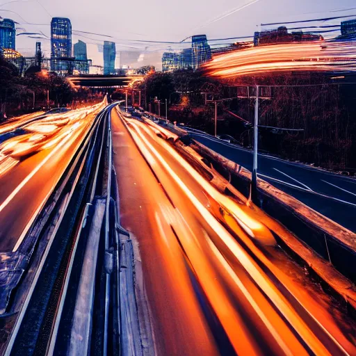 Prompt: a stunning aesthetic wallpaper of a city highway full of traffic with a train track and bus lane nearby, photograph by leon macapagal, 8 k, soft focus, cinematic lighting, trending on flicker, super resolution.