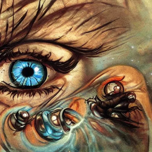 Image similar to an eye elemental, whirling energy made of eyes ( dramatic, cinematic, by simon bisley )