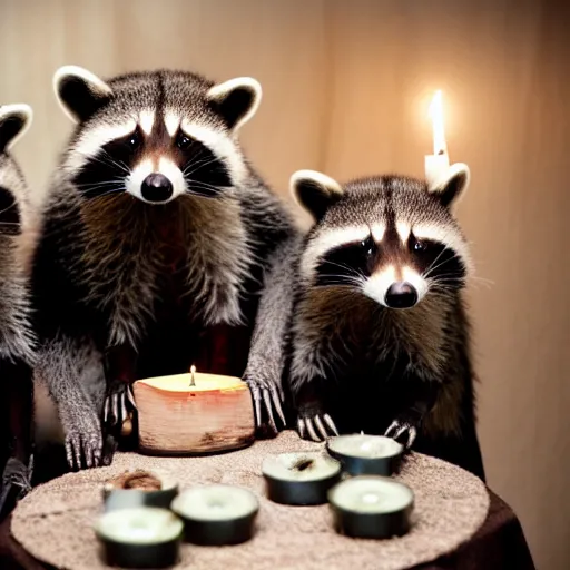 Image similar to dslr photo, a group of raccoons wearing dark cult robes perform a dark occult evil ceremony inside the secret lair of an underground mystery cult, dramatic candlelight, pentagrams, ultra - detailed, photorealistic, 4 k