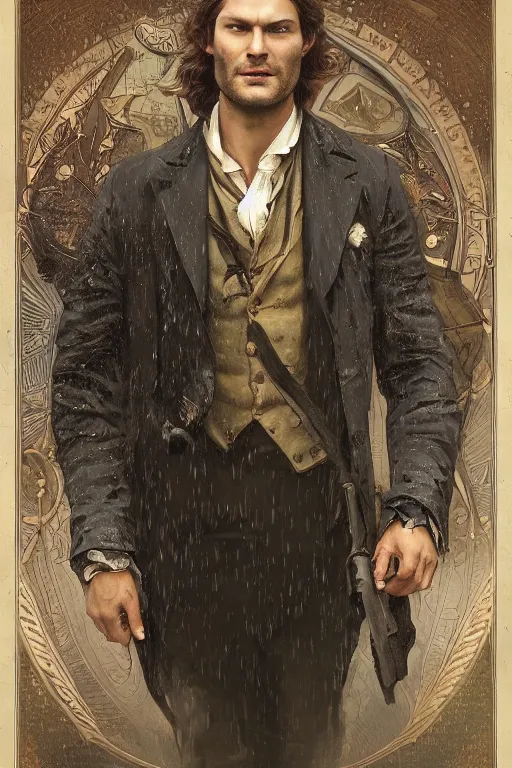 Image similar to a detailed matte portrait of jared padalecki in a supernatural sherlock holmes story, 1 8 th century london in the rain, city streets, ominous, masterpiece, 8 k, art by alphonse mucha and greg rutkowski