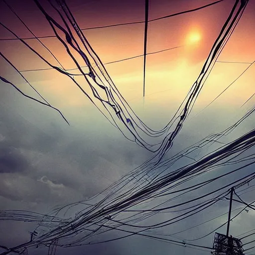 Prompt: Surreal art, suspended wires, synthetic city, beams of light, inverted buildings, clouds of ash, infinite horizon, sunset, reflections, cinematic, otherworldy.