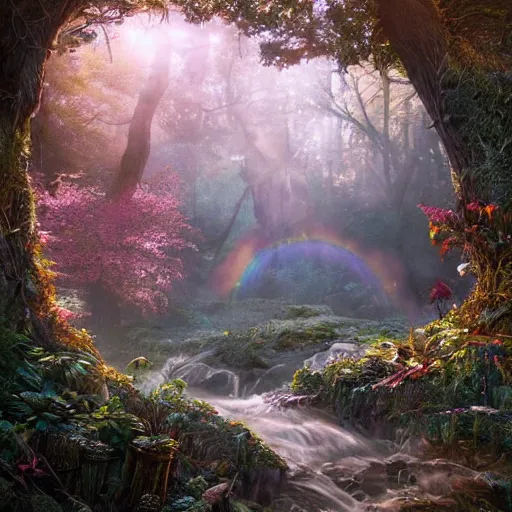 Prompt: the beautiful, grand, wistful, aesthetic landscape of a hidden forest, hyperrealistic photograph by kim jung gi, rainbow colored, extremely detailed, intricate linework, sharp focus, bright colors, octopath traveler, unreal engine 5 highly rendered, global illumination, radiant light, detailed and intricate environment