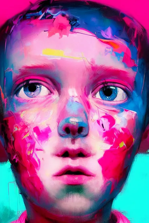 Image similar to portrait of a young boy living in a postapoliptic forgotten world, her face expresses : sadness, and death, in the colors hot pink and cyan, beautiful face, rule of thirds, complex outfit, spotlight, by greg rutkowski, by jeremy mann, by francoise nielly, by van gogh, digital painting