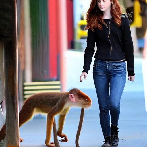 Image similar to paparazzi photo of Anna Kendrick walking her pet monkey