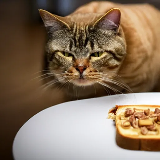 Prompt: fat tabby cat watching over a slice of peanut butter and noodles on toast