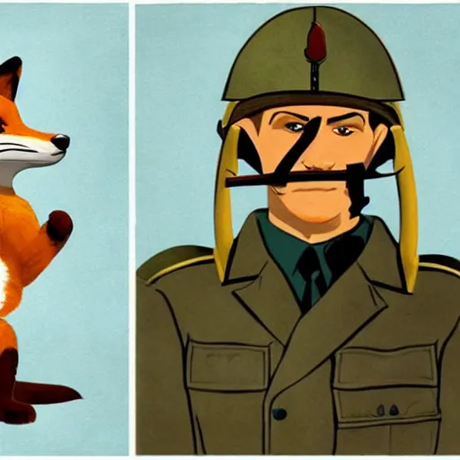 Image similar to fox animal dressed as a soldier in the style of a ww 2 propaganda poster