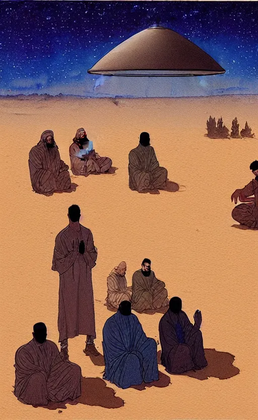 Image similar to a hyperrealist watercolour character concept art portrait of a group of middle eastern men kneeling down in prayer in front of a 1 2 ft. thin alien on a misty night in the desert. a ufo is in the background. by rebecca guay, michael kaluta, charles vess and jean moebius giraud