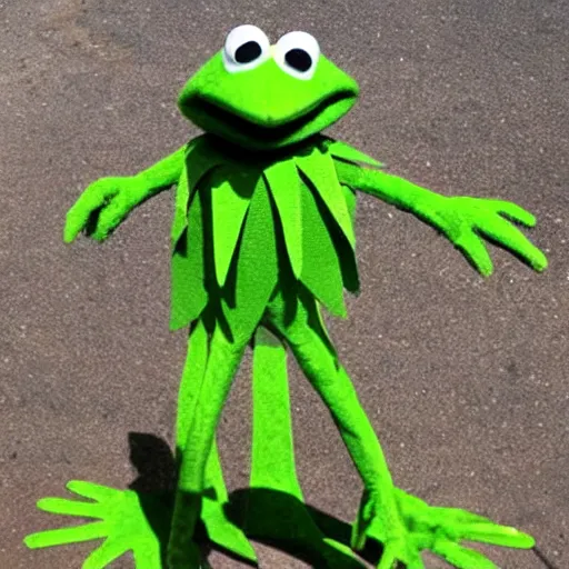 Prompt: a giant kermit the frog, fully on - chain, armed with 3 2 arms wielding 3 2 swords