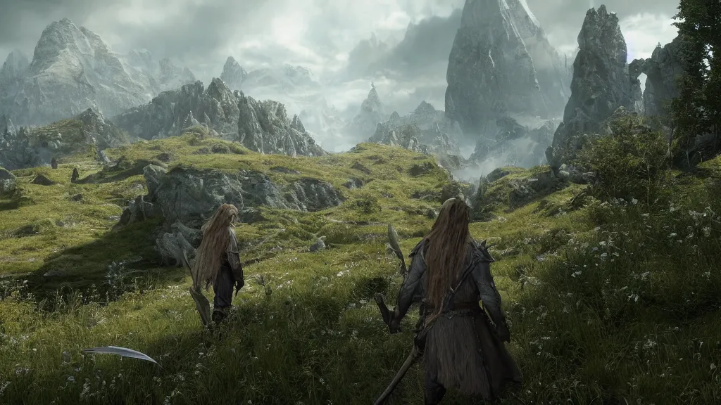 Prompt: screenshot from the new Lord of the Rings open-world videogame, minimap in the corner, high detail hud, third person game, Elves, the Hobbit, Unreal Engine, high quality, next-gen graphics, 4k, epic, cinematic, fantasy, Tolkien,