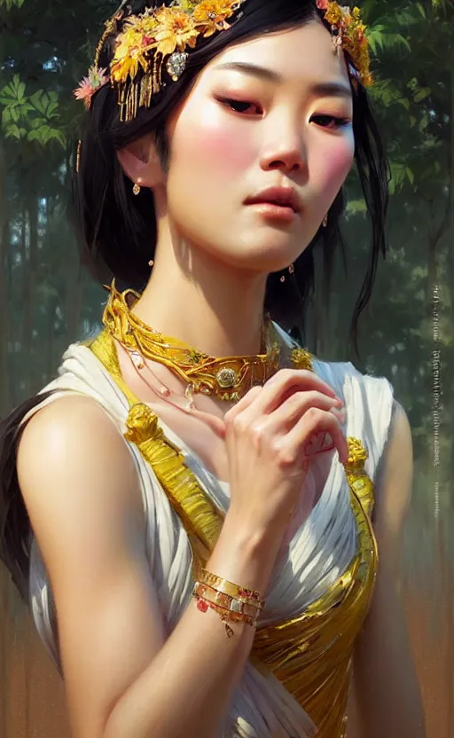 Image similar to a beautiful taiwan goddess with sundress with jewelry | | winter, realistic shaded, unpleasant face, good looking, fine details, realistic shaded lighting poster by greg rutkowski, magali villeneuve, artgerm, jeremy lipkin and michael garmash and macoto takahashi