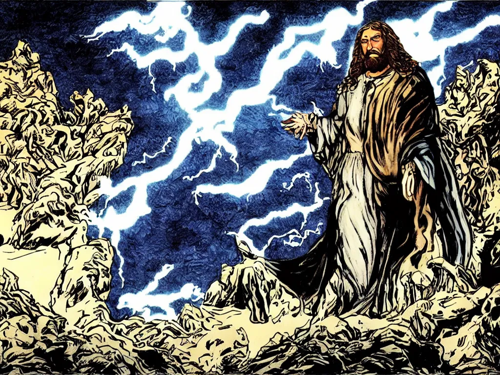 Prompt: jesus christ as a superhero with wavey hair and white eyes floating above the water shooting lightning out of his hands, drawn by alan moore, graphic novel,